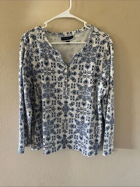 Karen Scott White Long-Sleeve Henley Top with Blue Tile Print